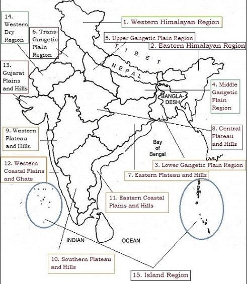 Dry 
Gujarat 
and Hills 
12. Western 
Plains 
and 
I. Western Himalayan Region 
5. Upper Gangetic Region 
2. Eastern 
4. Middle 
8. Central 
Plateau 
and Hill g 
3. Inver 
7. Eastern and Hill g 
Plains and Hills 
O. em Plateau 
15. Island Region 