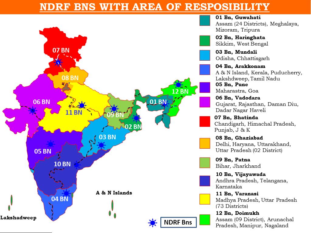 NDRF BNS w1TH AREA OF RESPOSIBILITY 
06 BN 
05 BN 
Lakshadweep 
07 BN 
11 BN 
10 BN 
04 BN 
03 BN 
A & N Islands 
12 BN 
01 BN 
NDRF Bns 
01 Bn, Guwahati 
Assam (24 Districts), Meghalaya, 
Mizoram, Tripura 
02 Bn, Haringhata 
Sikkim, West Bengal 
oa Bn, Mundali 
Odisha, Chhattisgarh 
A & N Island, Kerala, Puducherry, 
Lakshdweep, Tamil Nadu 
05 Bn, Pune 
Maharastra, Goa 
06 Bn, Vadodara 
Gujarat, Rajasthan, Daman Diu, 
Dadar Nagar Haveli 
07 Bn, Bhatinda 
Chandigarh, Himachal Pradesh, 
Punjab, J & K 
08 Bn, Ghaziabad 
Delhi, Haryana, Uttarakhand, 
Uttar Pradesh (02 District) 
09 Bn, Patna 
Bihar, Jharkhand 
10 Bn, Vijayawada 
Andhra Pradesh, Telangana, 
Karnataka 
11 Bn, Varanasi 
Madhya Pradesh, Uttar Pradesh 
(73 Districts) 
12 Bn, Doimukh 
Assam (09 District), Arunachal 
Pradesh, Manipur, Nagaland 