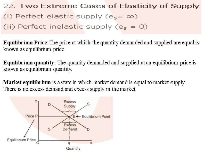 22. Tvvo Extreme Cases of Elasticity of Supply 
(i) Perfect elastic supply (es= co) 
(i i) Perfect inelastic supply (es = O) 
Equilibrium Price: The price at which the quantity demanded and supplied are equal is 
known as equilibrium price. 
Equilibrium quantity: The quantity demanded and supplied at an equilibrium price is 
known as equilibrium quantity. 
Market equilibrium is a state in which market demand is equal to market supply. 
There is no excess demand and excess Simly in the market 
price P 
s 
Equilibnum Price 
Excess 
s 
E Equilibrium pent 
Deriand O 
q 
Quantity 