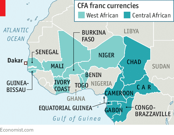 CFA franc currencies 
West African Central African 
ATLANTIC 
OCEAN 
r SENEGAL 
Dakar 
MALI 
BURKINA 
FASO 
NIGER 
BENIN 
LIBYA 
CHAD 
SUDAN 
CA 
GUINEA- 
BISSAU 
Economist.com 
IVORY 
NIGERIA 
TOGO 
COAST 
GHANA 
EQUATORIAL GUINEA 
Gulf of Guinea 
MEROO 
BON 
CONGO- 
BRAZZAVILLE 