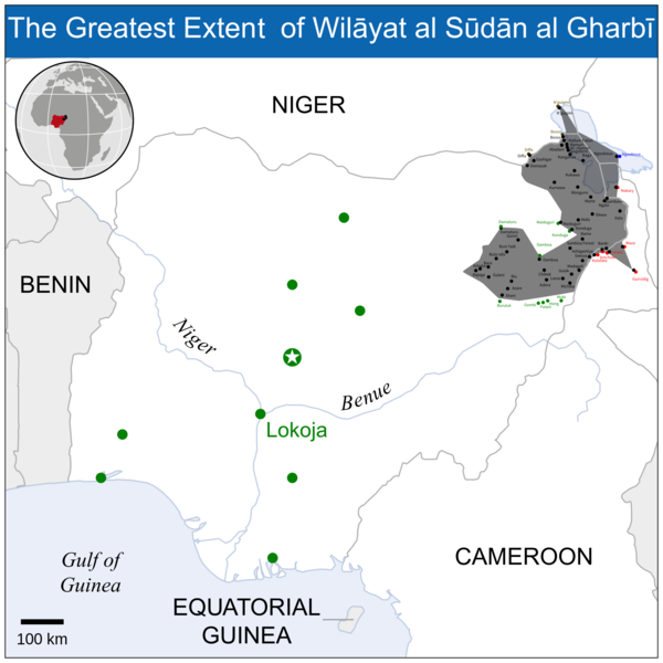 The Greatest Extent of Wiläyat al Südän al GharbT 
BENIN 
Gulfof 
Guinea 
100 km 
NIGER 
Ben 
Lokoja 
EQUATORIAL 
GUINEA 
CAMEROON 