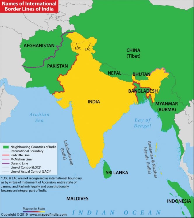 Borders International Border Lines of India With Nepal China Afghanistan Bangladesh Pakistan Durand Line LOC LAC