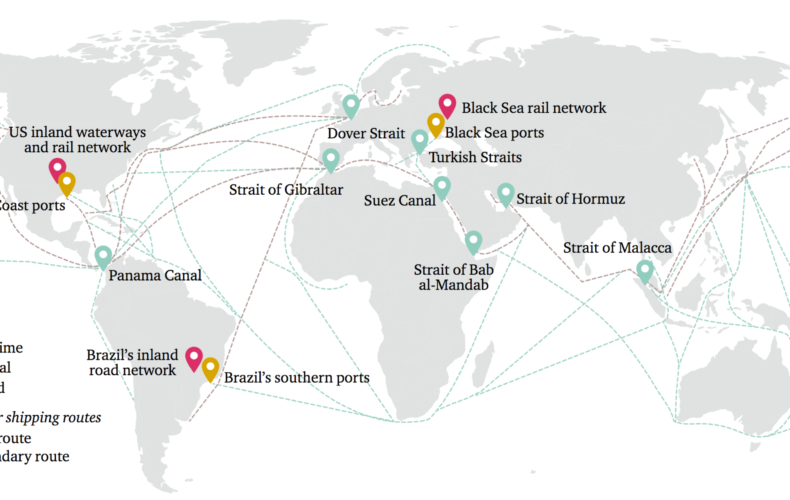 US inland waterways 
and rail network 
Panama Canai 
Brazil's inland 
road network 
• shipping routes 
•oute 
d ary route 
Dover Strait 
Strait of Gibraltar 
9 
Black Sea rail network 
Black Sea ports 
Turkish Straits 
9 
Strait of Hormuz 
Strait of Malacca 
Suez Canal 
Strait of Bab 
al-Mandab 
; Brazil's southern ports 