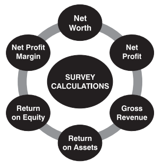 Worth 
Net Profit 
Margin 
SURVEY 
CALCULATIONS 
Retum 
on Equity 
on Assets 
Gross 
Revenue 