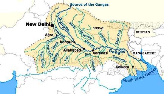 Tributaries and Ganges Ganga River Yamuna river Basin Sources Map