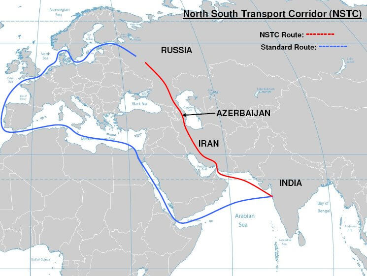 Machine generated alternative text:
'North South Transport Corridor (NSTC) 
RUSSIA 
NSTC Route: 
Standard Route: 
AZERBAIJAN 
IRAN 
INDIA 
Arabian 