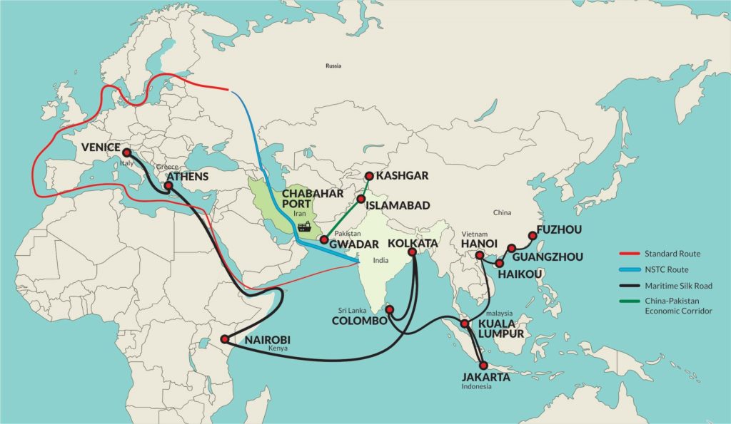 Machine generated alternative text:
VEN 
NS 
PORT 
Iran 
NAIROBI 
Kenya 
Russia 
SL 
Pak tan 
DAR 
India 
Sri Lanka 
COLOMBO 
SHGAR 
MABAD 
KOL 
China 
UZHOU 
Vietnam 
HANOI 
GUANGZHOU 
HAIKO 
malaysia 
KUAL 
JAKAR 
Indonesia 
Standard Route 
NSTC Route 
Maritime Silk Road 
China-Pakistan 
Economic Corridor 