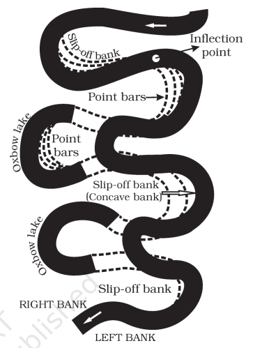 Inflection 
point 
b auk 
Point 
Point 
bars 
Slip-off bank' 
(Concave bank 
Slip-off bank 
RIGHT BANK 
LEFT BANK 