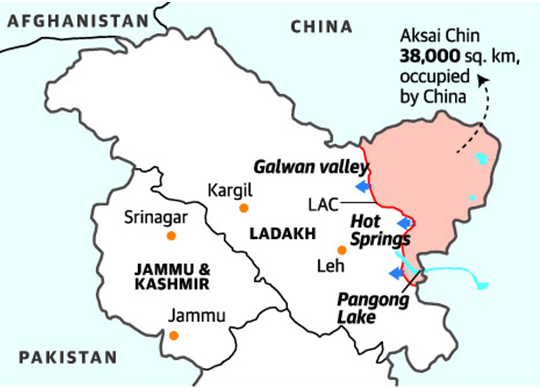 AFGHANISTAN 
Srinagar 
CHINA 
Aksai Chin 
38,000 sq. km, 
occupied 
by China 
Galwan vall 
Kargil 
LADAKH 
Hot 
JAMMU & 
KASHMIR 
Pangong 
Jammu 
PAKISTAN 
Legacy IAS