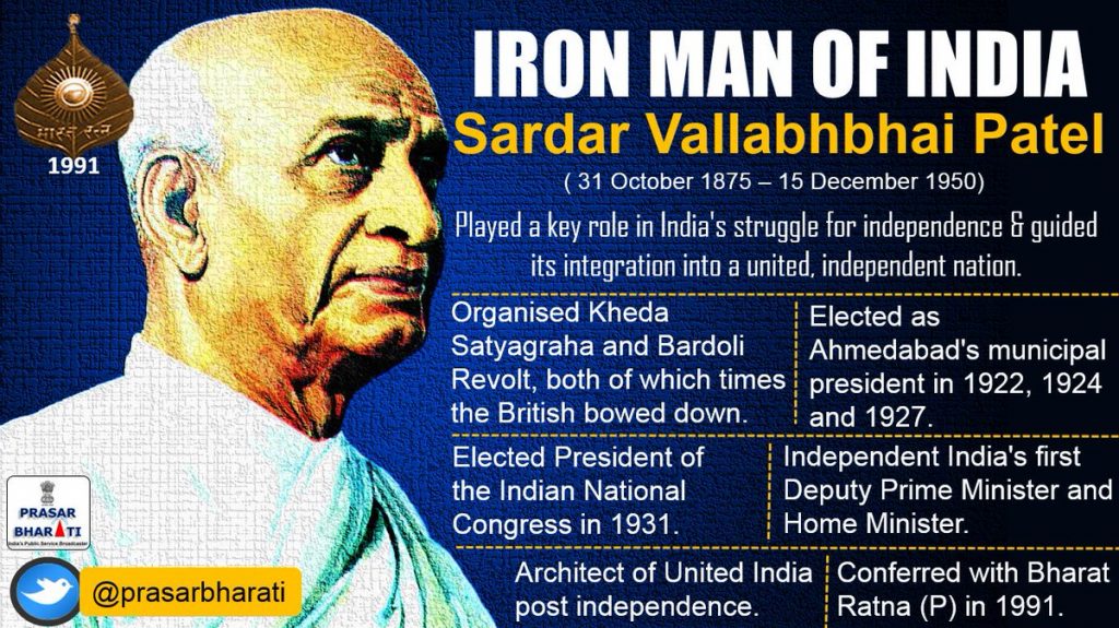 1991 
PRASAR 
BHARATI 
@prasarbharati 
IRON MAN OF INDIA 
Sardar Vallabhbhai Patel 
( 31 October 1875 — 15 December 1950) 
Played a key role in India's struggle for independence guided 
its integration into a united, independent nation. 
Organised Kheda 
Satyagraha and Bardoli 
Elected as 
Ahmedabad's municipal 
Revolt, both of which times president in 1922, 1924 
the British bowed down. 
Elected President of 
the Indian National 
Congress in 1931. 
and 1927. 
Independent India's first 
Deputy Prime Minister and 
Home Minister. 
Architect of United India Conferred with Bharat 
post independence. 
Ratna (P) in 1991. 