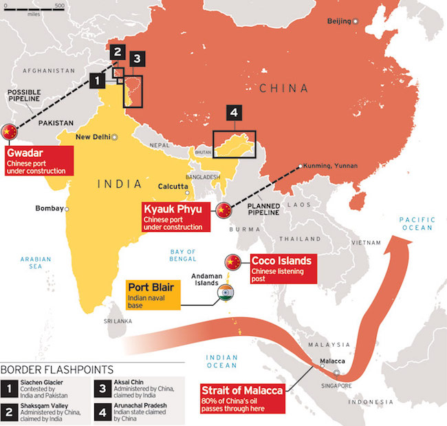 AFGHANISTAN 
PIPELINE 
PAKISTAN 
New DelhiO 
Gwadar 
C h ipse wrt 
Lnder construction 
Born 
A R A BIAN 
INDIA 
NEPAL 
Kyauk Phyu 
Chirpse 
BAY or 
BeijinqCJ 
CHINA 
PLANNED LAO s 
PIPELINE 
THAILAND 
Coco Islands 
Chipse 
MALAYSIA 
PACIFIC 
OCEAN 
n naval 
r State 
Anda ma n 
Islands 
INDIAN 
OCEAN 
BORDER FLASHPOINTS 
c cat estearw 
Strait of Malacca 
Tasses here 