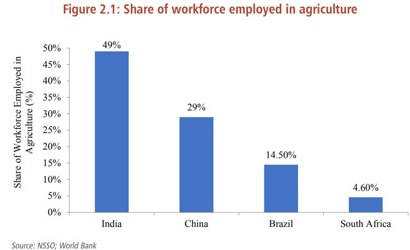 Figure 2.1: Share of workforce employed in agriculture 
50% 
45% 
35% 
30% 
25% 
20% 
15% 
10% 
5% 
0% 
Source: NSSO; World Bank 
49% 
India 
29% 
China 
14.50% 
Brazil 
4.60% 
South Africa 