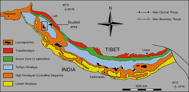 Transhimalaya 
SUture Zone (2 ophobtes) 
Tethys H malaya 
BOOE 
Studied 
area 
INDIA 
TIBET 
Kathmndu 
High Himalayan Crystalhne Secvence 
Lesser turnalaya 
500 km 
Main Central Thrust 
Main Thrust 
950E 
+ 25'N 