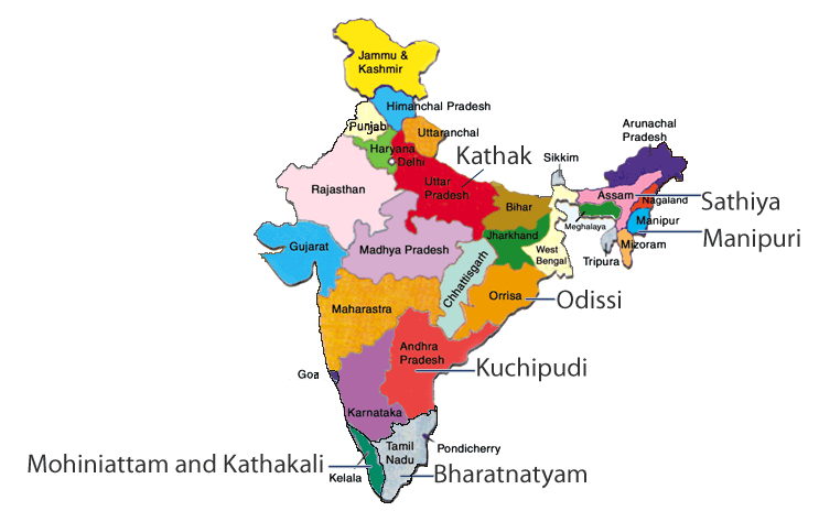 Map showing the states where classical dance forms evolved | Indian dance,  India map, Indian classical dance