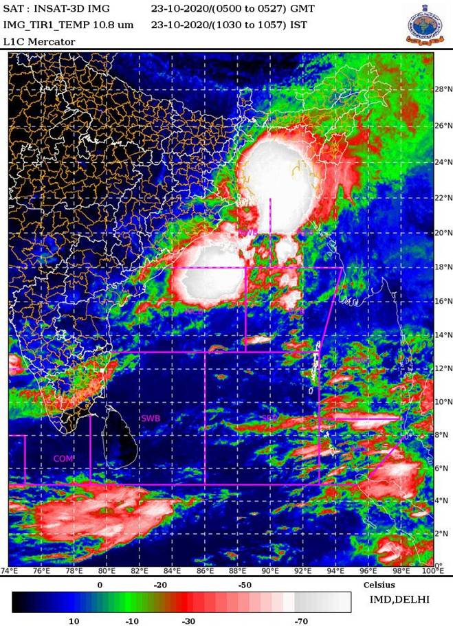 74 •E 
SAT : INSAT-3D IMG 
23-10-2020/(0500 to 0527) GMT 
IMG TIRI TEMP 10.8 um 
23-10-2020/(1030 to 1057) 1ST 
LIC Mercator 
.SWB 
64 •E 
le•E 
28'N 
26•N 
24'N 
220N 
20•N 
18'N 
100 E 
9B•E 
Celsius 
IMD,DELHI 