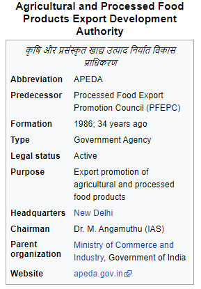 Agricultural and Processed Food 
Products Export Development 
Authority 
Abbreviation 
Predecessor 
Formation 
Type 
Legal status 
Purpose 
Headquarters 
Chairman 
Parent 
organization 
Website 
APEOA 
Processed Food Export 
Promotion council (PFEPC) 
1986; 34 years ago 
Govemment Agency 
Active 
Export promotion of 
agricultural and processed 
food products 
New Delhi 
Or. M. Angamuthu (IAS) 
Ministry of Commerce and 
Industry, Government of India 
apeda_gov. in 