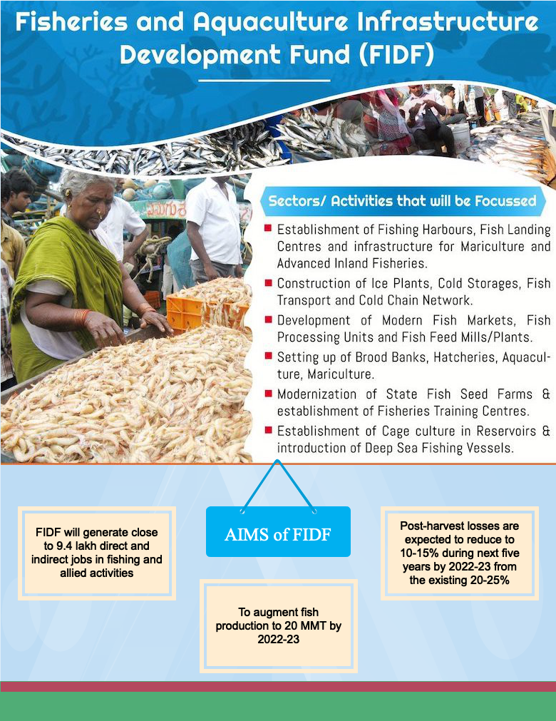 Fisheries and Aquaculture Infrastructure 
Development Fund 
(FIDF) 
Sectors/ Activities that will be Focussed 
Establishment of Fishing Harbours, Fish Landing 
Centres and infrastructure for Mariculture and 
Advanced Inland Fisheries. 
Construction of Ice Plants, Cold Storages, Fish 
Transport and Cold Chain Network. 
Development of Modern Fish Markets, Fish 
Processing Units and Fish Feed Mills/PIants. 
Setting up of Brood Banks, Hatcheries, Aquacul- 
ture, Mariculture. 
Modernization of State Fish Seed Farms & 
establishment of Fisheries Training Centres. 
Establishment of Cage culture in Reservoirs & 
introduction of Deep Sea Fishing Vessels. 
FIDF will generate close 
to 9.4 lakh direct and 
indirect jobs in fishing and 
allied activities 
AMS ofFIDF 
To augment fish 
production to 20 MMT by 
2022-23 
Post-haræst losses are 
expected to reduce to 
10-15% during next five 
years by 2022-23 from 
the existing 20-25% 