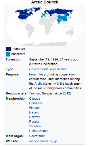 members 
• Observers 
Type 
Purpose 
Headquarters 
Membership 
Main organ 
Webs Ite 
Arctic Council 
September 19, 1996; 24 years ago 
(Ottawa Declaration) 
Governmental organization 
Forum for promoting cooperation 
coordination, and interaction among 
the Arctic states. with the involvement 
of the Arctic Indigenous communities 
Tromsø, Norway (since 2012) 
Canada 
Denmark 
Finland 
Iceland 
Norway 
Russia 
Sweden 
United States 
Secretariat 