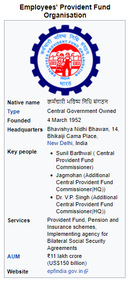 Employees' Provident Fund 
Organisation 
Native name 
Type 
Founded 
Headquarters 
Key people 
Services 
AUM 
Website 
Central Government Owned 
4 March 1952 
Shavishya Nidhi Bhawan, 14, 
Shikaiji Cama Place, 
New Delhi, India 
• Sunil BarthwaI(CentraI 
Provident Fund 
Commissioner) 
• Jag mohan (Additional 
Central Provident Fund 
Commissioner(HO)) 
• Or VP Singh (Additional 
Central Provident Fund 
Commissioner(HO)) 
Provident Fund. Pension and 
Insurance schemes, 
Implementing agency for 
Bilateral Social Security 
Agreements 
tll lakh crore 
(USS150 billion) 
epfindimgovjn&l 