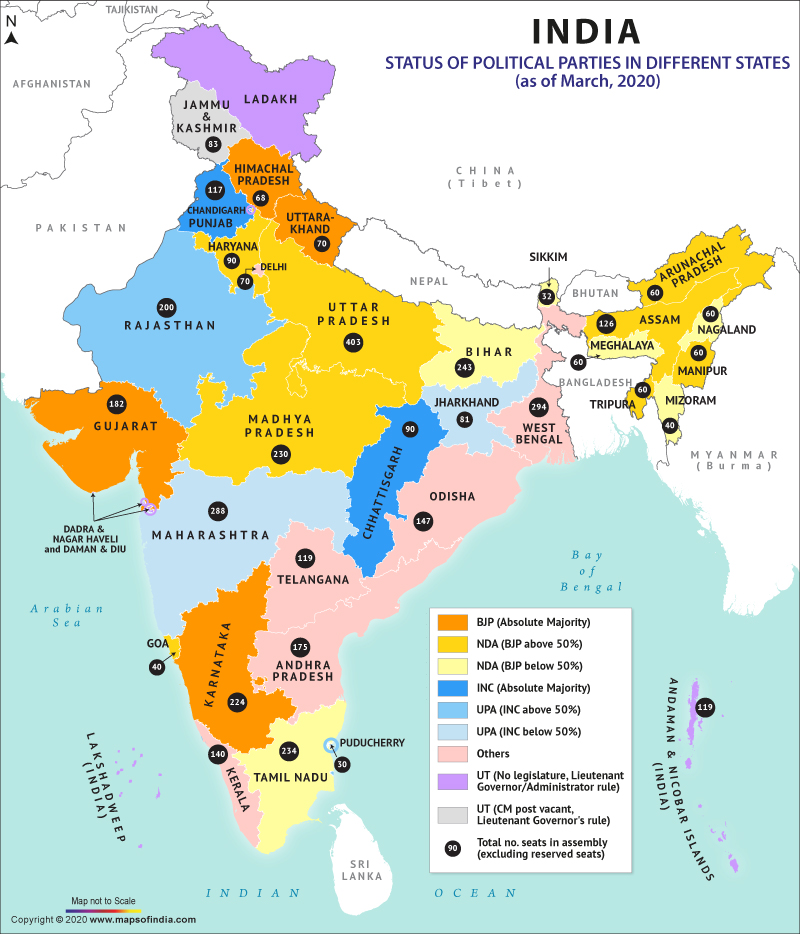 TAJI 
ISTAN 
AFGHANISTAN 
LADAKH 
JAMMU 
KASHMIR 
HIMACHA 
PRADESH 
p AK I s TAN 
DELHI 
INDIA 
STATUS OF POLITICAL PARTIES IN DIFFERENT STATES 
(as of March, 2020) 
CHINA 
N DIGARYD„ 
ÅARYANA 
UTTA 
KHAND 
(Tibet) 
NEPAL 
SIKKIM 
BHUTAN 
UTTAR 
PRADESH 
O 
ASSAM 
RAJASTHAN 
GUJARAT 
BIHAR 
JHARKHAND 
ODISHA 
MEGHALAYA 
ANGLADESH 
TRIPU 
MADHYA 
PRADESH 
O 
MAHARASHTRA 
DADRA & 
NAGAR HAVELI 
and DAMAN & DIU 
MAP mt ta Scale 
WEST 
BENGAL 
Bengal 
TELANGANA 
ANDHRA 
PRADESH 
o 
TAMIL NADU 
LANKA 
o 
BJP (Absolute Majority) 
NDA (BJP above 50%) 
NDA (BJP below 50%) 
INC (Absolute Majority) 
(INC above 50%) 
(INC below 50%) 
UT (No legislature, Lieutenant 
Gmernor/Administrator rule) 
UT (CM post vacant, 
Lieutenant Governor's rule) 
Total no. seats in assembly 
(excluding reserved seats) 
o 
MAN UR 
74 
Copyright 0 2020 m.mapsofindia.com 