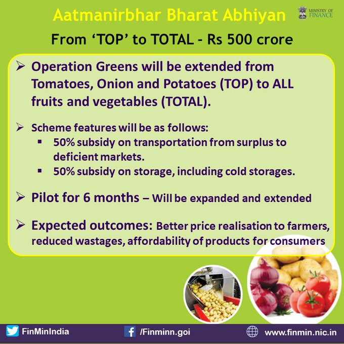 IndiaFightsCorona on Twitter: "#AatmaNirbharDesh: 📍“Operation Greens” will  be extended from tomatoes, onion and potatoes (TOP) to ALL fruit and  vegetables. #AatmaNirbharBharatPackage #AatmaNirbharBharatAbhiyan Via  @FinMinIndia… https://t.co/JjksYMn1PO