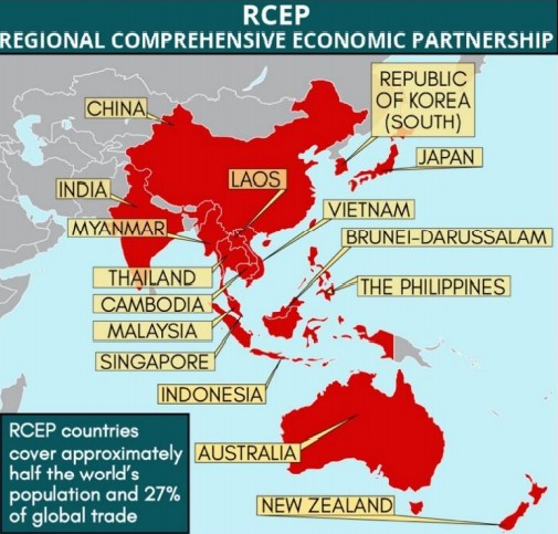 RCEP 
REGIONAL COMPREHENSIVE ECONOMIC PARTNERSHIP 
CHINA 
IAYÄNMAR 
CtHAlLAND 
BODIA 
MALAYSIA 
IND 
RCEP countries 
cover approximately 
half the world's 
population and 27% 
Of global trade 
LAOS 
REPUBLIC 
OF KOREA 
(SOUTH) 
JAPAN 
IETNAM 
BRUNEI-DARUSSALAM 