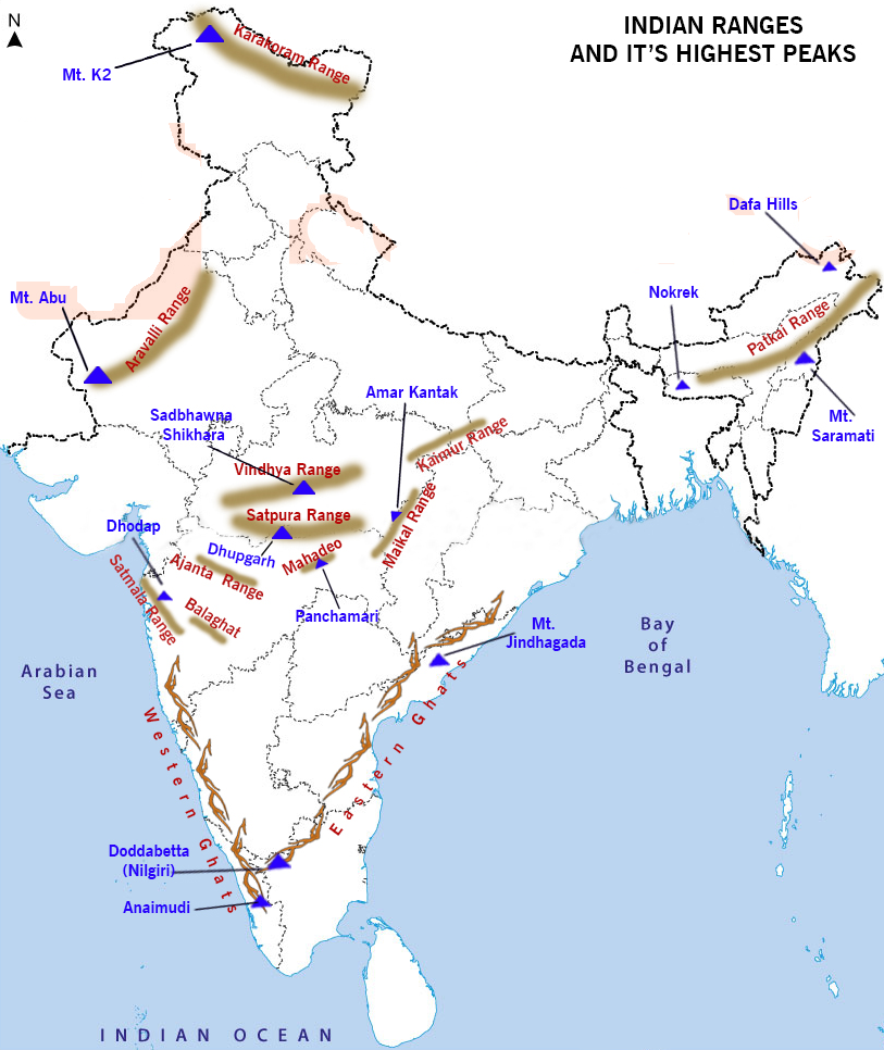 INDIAN RANGES 
AND IT'S HIGHEST PEAKS 
Mt. K2 
Mt. Abu 
Arabian 
Sea 
Amar Kantak 
a Ra 
tpura Ran 
Dhupga{h $ •o 
Ranchamå!!_ 
Mt. 
indhagada 
Dafa Hills 
Nokrek 
saramati 
Bay 
Of 
Bengal 
Doddabetta 
(Nilgiri 
Anaimudi 
INDIAN 
OCEAN 