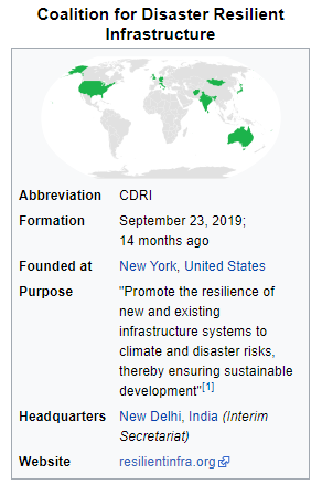 Coalition for Disaster Resilient 
Infrastructure 
Abbreviation 
Formation 
Founded at 
Purpose 
Headquarters 
Website 
CORI 
September 23, 2019, 
14 months ago 
New York, United States 
"Promote the resilience of 
new and existing 
infrastructure systems to 
climate and disaster risks, 
thereby ensuring sustainable 
New Delhi, India (Jnterim 
Secretariat) 
resilientinfra.org 