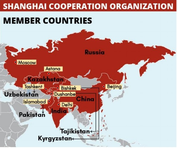 SHANGHAI COOPERATION ORGANIZATION 
MEMBER COUNTRIES 
Russia 
_ • Moscow 
Astana 
Tashkent 
• • Bishkek 
Uzbekistan 
Dushanbe 
hi na 
Islamabad 
• Delhi 
Pakistan 
fajikistan 
Kyrgyzsta 
• Beijing 