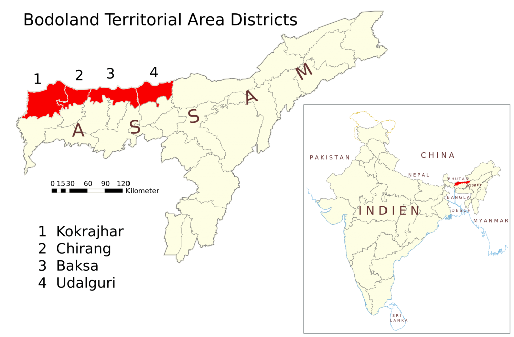 Bodoland Territorial Area Districts 
ND 
1 
1 
2 
3 
4 
2 
01530 60 
4 
PAKISTAN 
90 120 
Kilometer 
CHINA 
NEPAL 
HUT A 
sa 
DE 
MYANMAR 
Kokrajhar 
Chirang 
Baksa 
Udalguri 
SRI 
ANK 