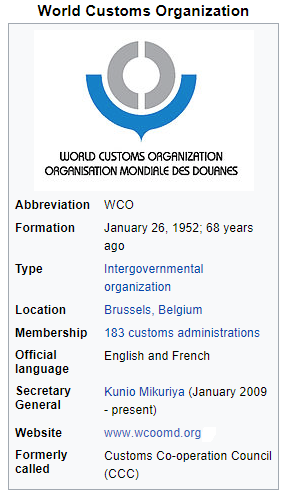 World Customs Organization 
WORLD CUSTOMS ORGRNIZRTION 
ORG%'ISRTION MONDFIE DC DOURNES 
Abbreviation 
Formation 
Type 
Location 
Membership 
Official 
language 
Secretary 
General 
Website 
Formerly 
called 
wco 
January 26, 1952; 68 years 
ago 
Intergovernmental 
organization 
Brussels, Belgium 
183 customs administrations 
English and French 
Kunio Mikuriya (January 2009 
- present) 
www %vcoomdnrg 
Customs Co-operation Council 
(CCC) 