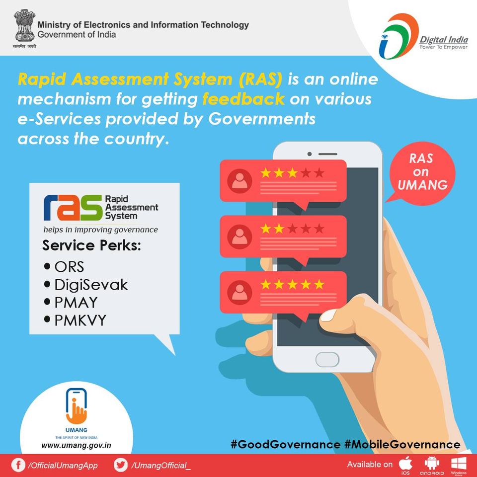 Ministry of Electronics and Information Technology 
• Government of India 
Rapid Assessment System (RAS) is an online 
mechanism for getting feedback on various 
e-Services provided by Governments 
across the country. 
ras 
Rapid 
Assessment 
System 
helps in improving governance 
Service Perks: 
ORS 
• DigiSevak 
p MAY 
UMANG 
www.umang.gov.in 
/%ciallJmangApp O 
/UmangOfficial_ 
Power TO Empower 
RAS 
on 
UMANG 
-J 
#GoodGovernance #MobiIeGovernance 
Available on 