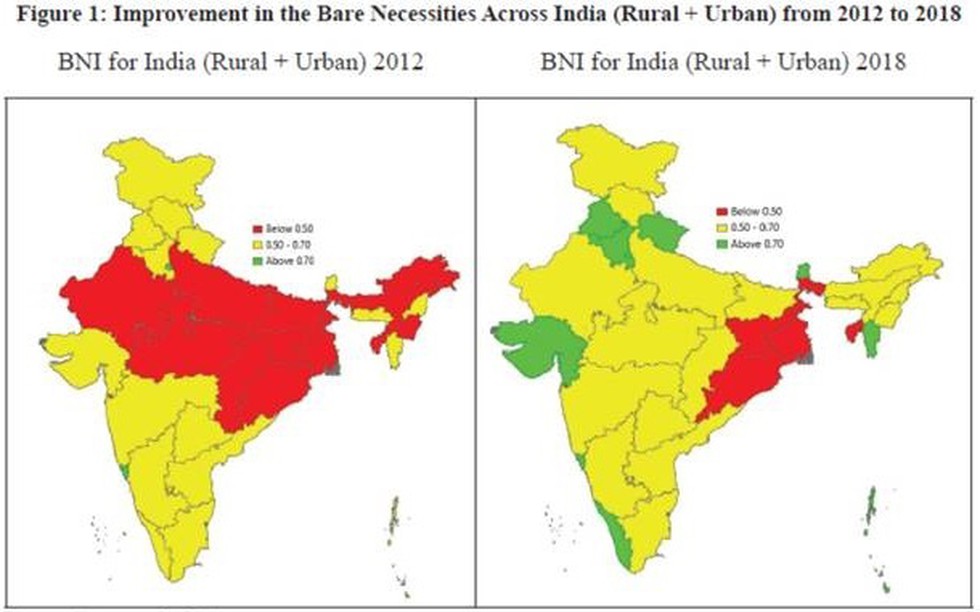 Figure I: Improvement in the Bare Necessities Across India (Rural + Urban) from 2012 to 201S 
BNI for India (Rural + Urban) 2012 
• OSO 
BNI for India (Rural + Urban) 201 S 