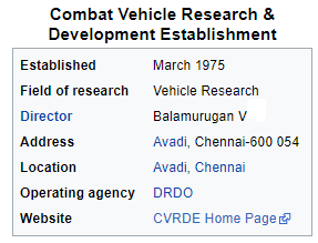 Combat Vehicle Research & 
Development Establishment 
Established 
Field of research 
Director 
Address 
Location 
Operating agency 
Website 
March 1975 
Vehicle Research 
aalamurugan V 
Avadi, Chennai-600 054 
Avadi, Chennai 
ORDO 
CVROE Home 