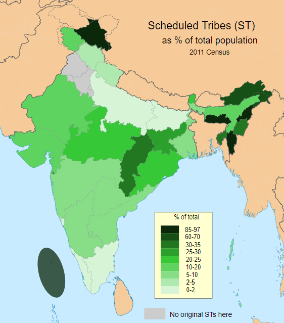 Scheduled Tribes (ST) 
as % of total population 
2011 Census 
% of total 
85-97 
60-70 
30-35 
25-30 
20-25 
10-20 
5-10 
2-5 
0-2 
No original STS here 