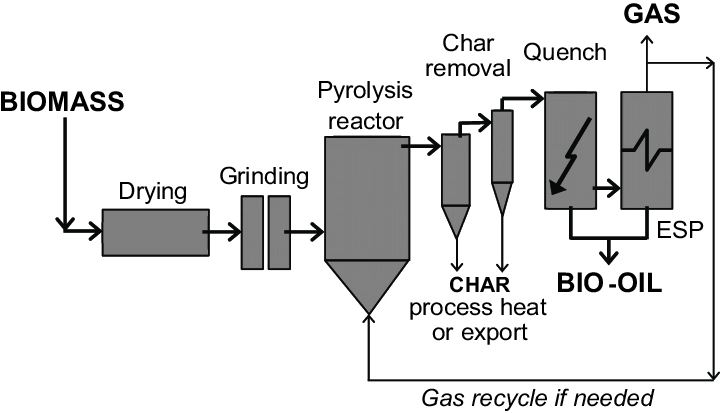 BIOMASS 
GAS 
Char Quench 
removal 
Pyrolysis 
reactor 
Grinding 
Drying 
ESP 
CHAR BIO -OIL 
process heat 
or export 
Gas recycle if needed 