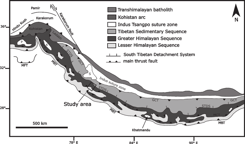 Simplified geological map of the Himalayas. MFT: Main Frontal Thrust;... |  Download Scientific Diagram