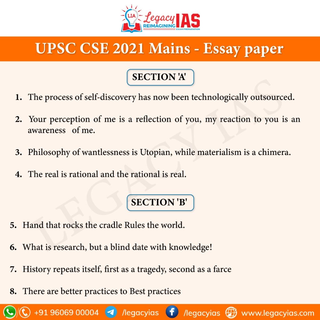 UPSC CSE MAINS 2021 ESSAY QUESTION PAPER LEGACY IAS Legacy IAS Academy